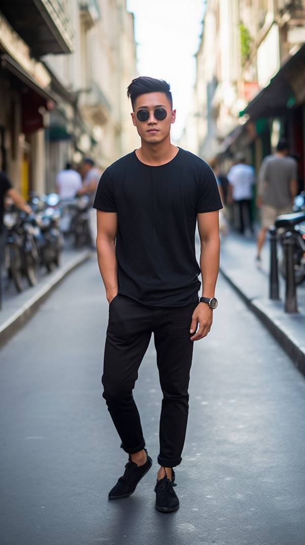 黑色短袖配藍色牛仔褲，黑藍經典搭配夏日潮流休閑風范