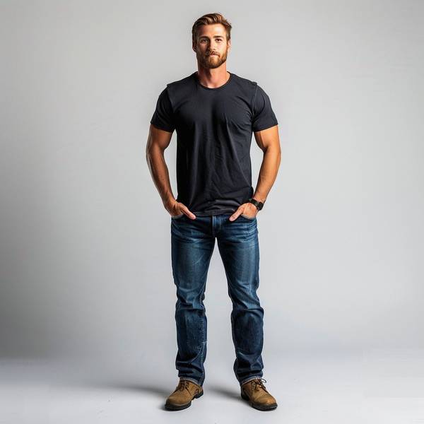 黑色短袖配藍色牛仔褲，黑藍經典搭配夏日潮流休閑風范