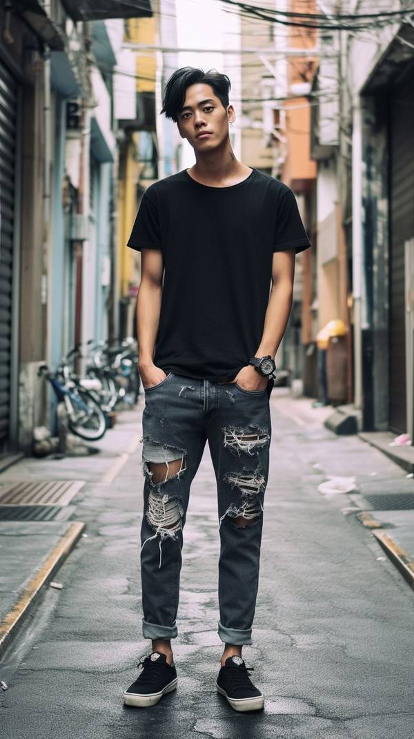 黑色短袖配藍色牛仔褲，黑藍經典搭配夏日潮流休閑風范