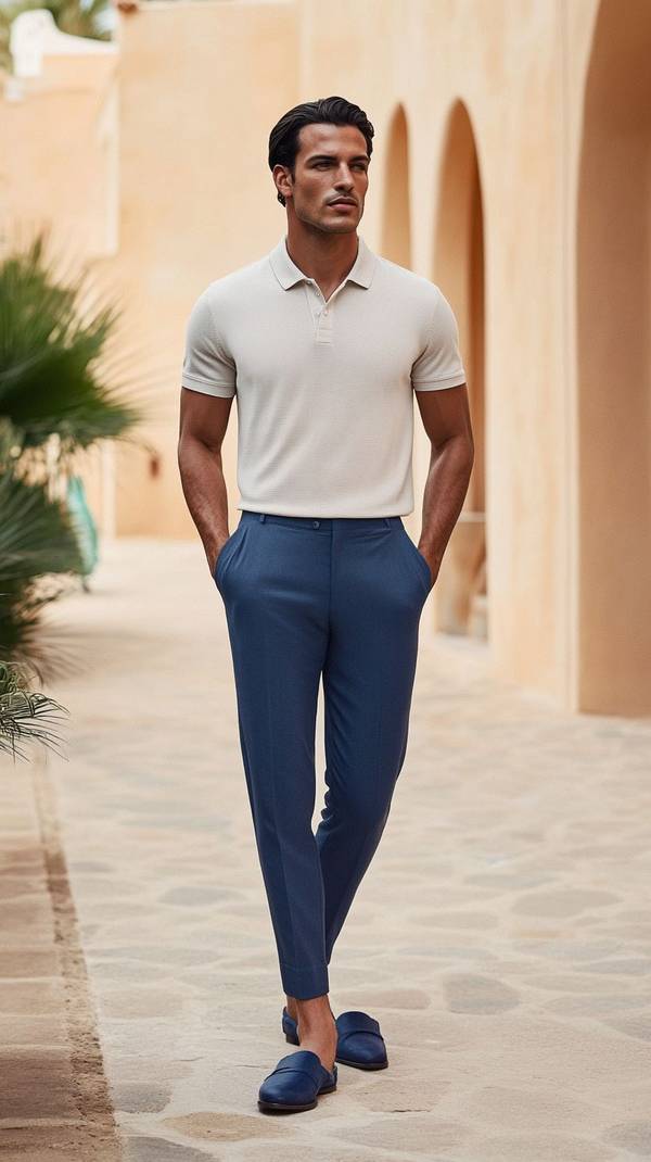 藍色褲子配什么顏色上衣好看，優雅藍褲穿搭指南：從牛仔藍到克萊因藍的配色方案