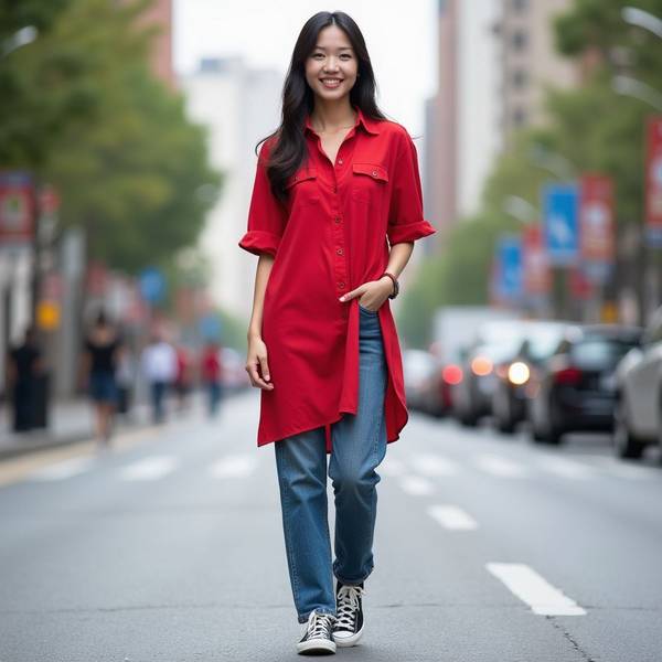 紅色上衣配什么褲子,純白牛仔褲配紅上衣,顯白又時髦